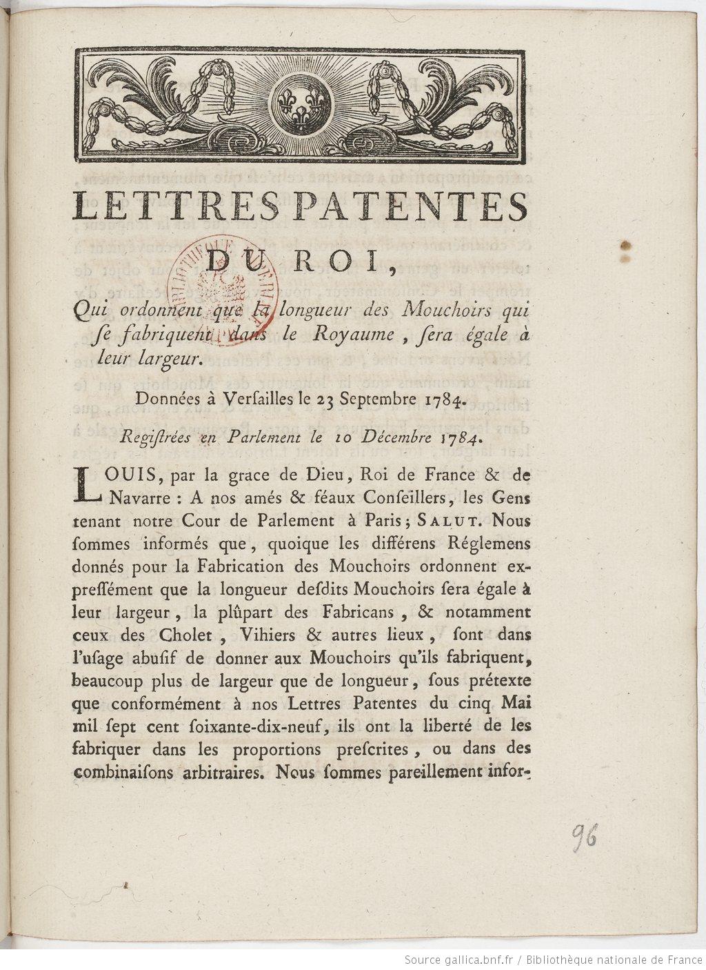 Lettres patentes du 10 decembre 1784