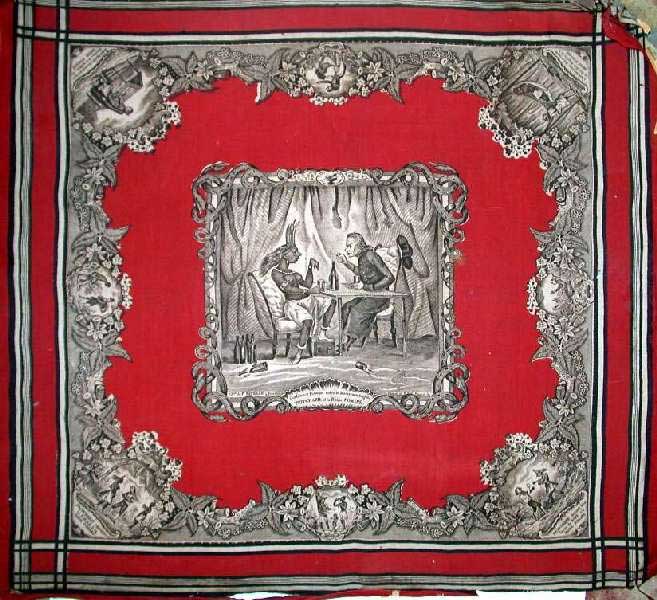 La rencontre de pritchard et de la reine Pomaré. Mouchoir imprimé par Bataille en 1847.